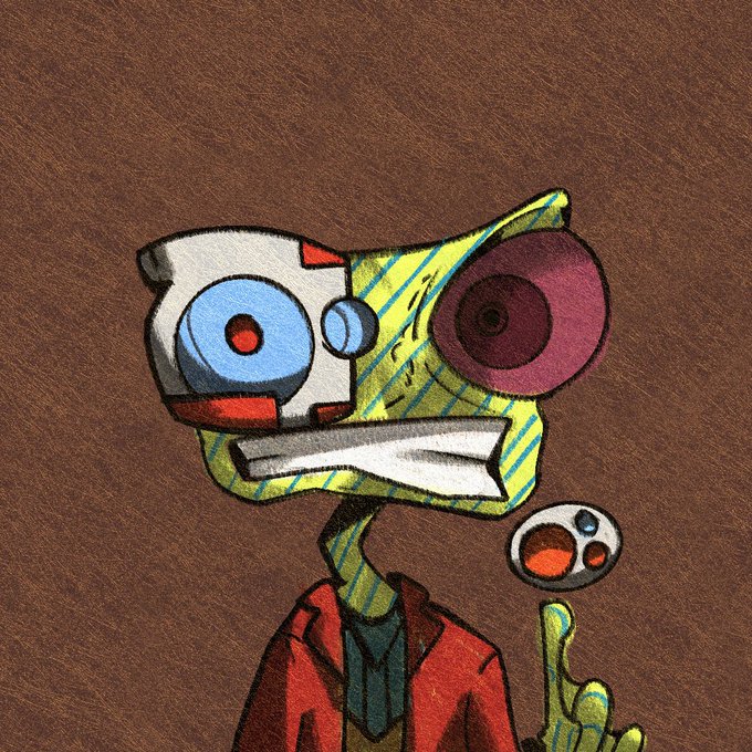 The image features a cartoon depiction of a man wearing a red jacket and glasses with an angry expression, holding an egg over his head as if he's contemplating whether or not to eat it. The background has a dark brown color that makes the colorful scene stand out. The image is part of a larger collection of artwork related to Bitcoin and nft exploration, showcasing various artistic styles and concepts. It seems like the artist is using this character as a symbol or metaphor for something deeper in their work.