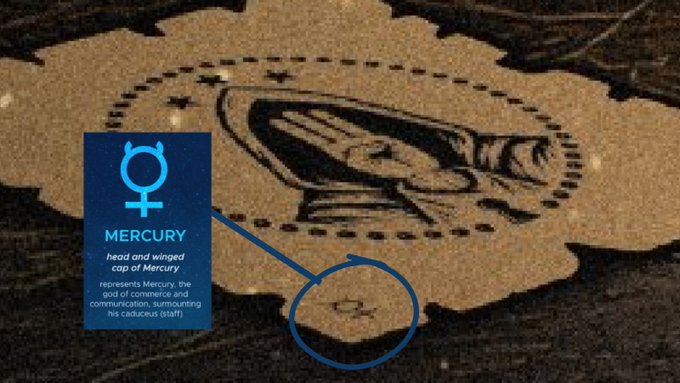 An explanation graphic linking the Mercury astrological symbol to a hand symbol found in an ancient ruin, describing Mercury as 'the god of commerce and communication, surmounting his caduceus (staff)'.