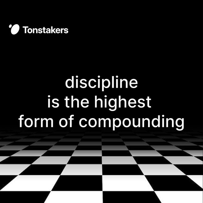 The image features a motivational graphic with a black-and-white checkered floor receding into the distance, overlaid with the text "discipline is the highest form of compounding." The "Tonstakers" logo appears in the top left corner.

The caption relates to the post by reinforcing that discipline—rather than hype or quick wins—is the true driver of long-term success, a concept CT (Crypto Twitter) often overlooks in favor of short-term gains.