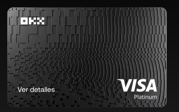 A dark, textured 3D rendering of an OKX Visa Platinum credit card with a pixelated/geometric surface design and the text 'Ver detalles' on the lower left.