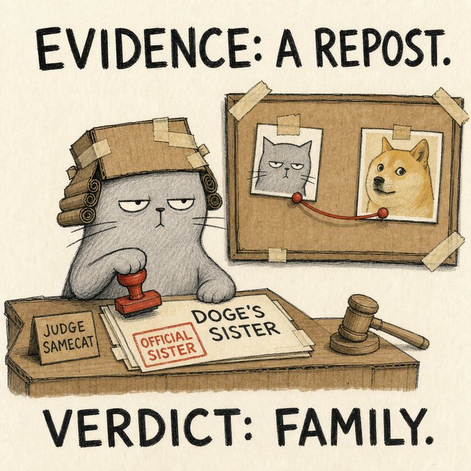 The image shows a cartoon "Judge Samecat" presiding over a cardboard courtroom, stamping a document labeled "DOGE'S SISTER" with an "OFFICIAL SISTER" seal, alongside an evidence board connecting a reposted cat photo to a Shiba Inu (Doge). The caption reads "EVIDENCE: A REPOST. VERDICT: FAMILY."—visually reinforcing the post's joke that a single repost was enough "evidence" to officially declare the cat as Doge's sister in a mock meme trial.