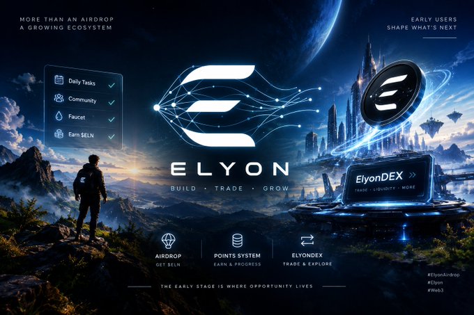 A futuristic promotional banner for the 'ELYON' cryptocurrency platform featuring 'ElyonDEX', highlighting features like 'Daily Tasks', 'Community', 'Faucet', and 'Earn $ELN' against a sci-fi landscape.