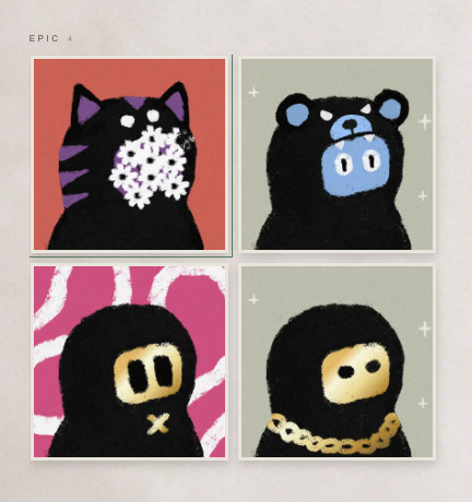 A 2x2 grid of stylized artwork featuring black cartoon bears and ninjas with various accessories on solid colored backgrounds, labeled 'EPIC 4'.