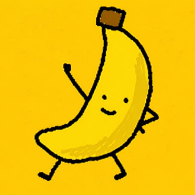 A cartoon banana character with a smiling face, stick arms, and legs, topped with a brown cap, set against a bright yellow background. The playful, energetic illustration matches the celebratory tone of the post announcing the launch of a new Solana memecoin with its contract address.