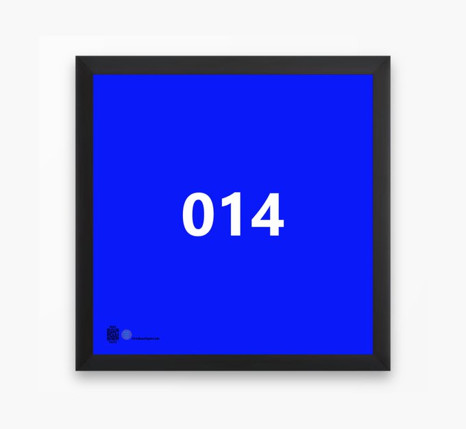 A blue square framed picture displaying the white number "014" in the center.