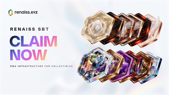 Promotional graphic for 'renaiss.xyz' featuring 'RENAISS SBT CLAIM NOW' text and hexagonal NFT collectibles, advertising RWA infrastructure for collectibles.