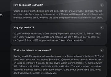 An FAQ section explaining how cash-out and X Money work, mentioning signing in with X (Twitter), RevenuePay, welcome bonuses between $20 and $60, and a $40 bonus.