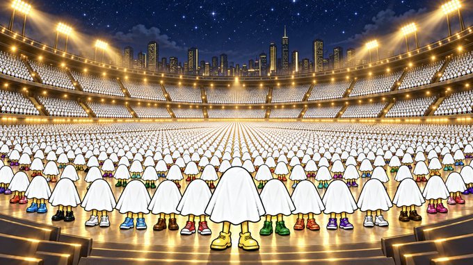 A stadium filled with rows of ghost-like figures wearing colorful shoes stands under a city skyline at night, symbolizing the sold-out "STONKS BROKERS" NFT collection advertised on the Element secondary market. The image visually reinforces the message that all units have been claimed, with the uniform figures representing the collected NFTs awaiting distribution details for STONK, QQQB, and BNB tokens.