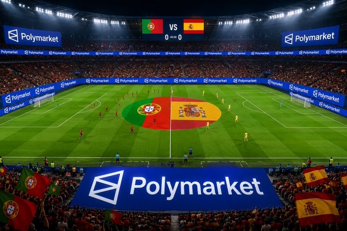 A packed stadium hosts the Portugal vs Spain football match, with the scoreboard displaying "Portugal vs Spain" and a 0-0 tie, surrounded by prominent "Polymarket" branding on the field and LED boards, highlighting the prediction market's sponsorship of this anticipated 2026 World Cup clash.