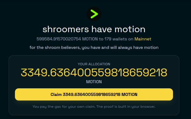 The image shows a MOTION token claim page displaying "shroomers have motion" with an allocation of 3349.6364005598186659218 MOTION for users, as part of a 599584.91570020754 MOTION airdrop distributed to 179 wallets on Mainnet. This relates to the accompanying post about airdrops on Injective, where Shroom holders received 2-3 figure airdrops from @motionismxyz, with the image serving as proof of such an allocation being claimable.