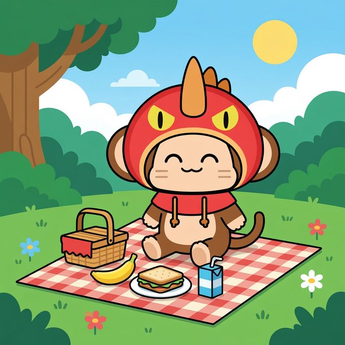 A cute cartoon monkey character wearing a red dinosaur hood sits smiling on a red-and-white checkered picnic blanket with a sandwich, banana, picnic basket, and juice box in a sunny park.