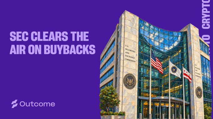 A graphic with purple background displaying 'SEC CLEARS THE AIR ON BUYBACKS' alongside the U.S. Securities and Exchange Commission building, credited to 'Outcome' and '10 CRYPTO'.