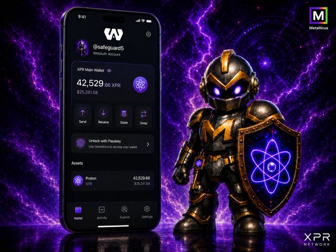 Advertisement for a Web3 wallet showing a smartphone displaying an XRP balance of 42,529.66 alongside a futuristic armored figure holding a shield with an atom symbol, with 'Metallicus' and 'XPR Network' branding.