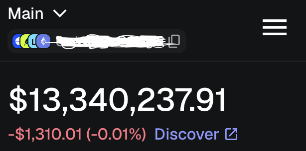 A dark-themed financial dashboard showing a 'Main' account balance of '$13,340,237.91' with a daily change of '-$1,310.01 (-0.01%)' and a 'Discover' link.