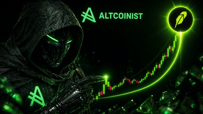 A promotional graphic featuring a hooded figure in dark armor with green glowing accents, alongside the text 'ALTCOINIST' and a green logo, set against a rising stock chart.