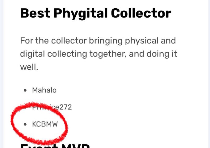 A screenshot of a "Best Phygital Collector" award category listing nominees Mahalo, PinkRice272, and KCBMW, with KCBMW circled in red.