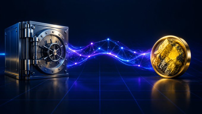 A digital illustration showing a metal vault safe connected by glowing blue neural network lines to a gold coin containing raw ore, symbolizing digital asset security.