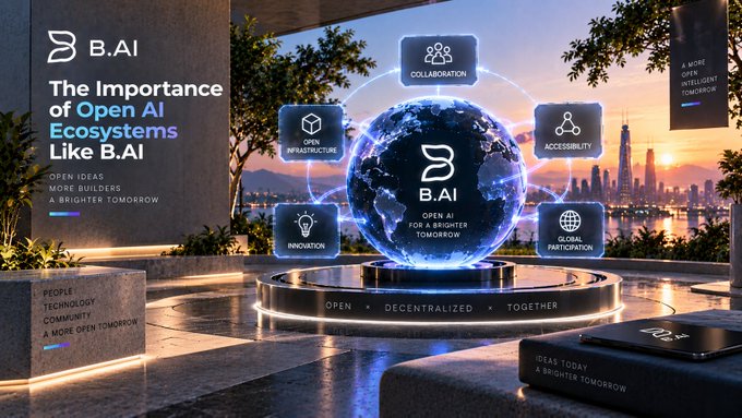 Promotional graphic for 'B.AI' titled 'The Importance of Open AI Ecosystems Like B.AI', showing a futuristic 3D globe surrounded by icons representing collaboration, infrastructure, accessibility, innovation, and global participation.