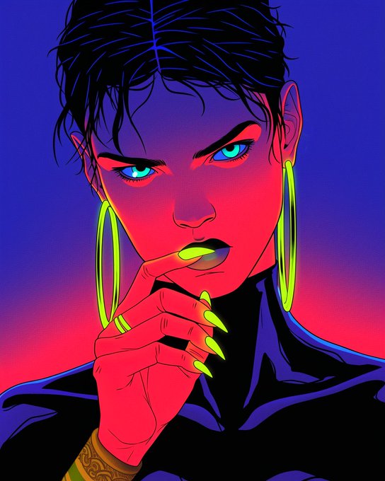A vibrant neon-style comic illustration of a fierce woman with glowing blue eyes, large yellow hoop earrings, and long neon-yellow nails, rendered in bold red and purple tones.