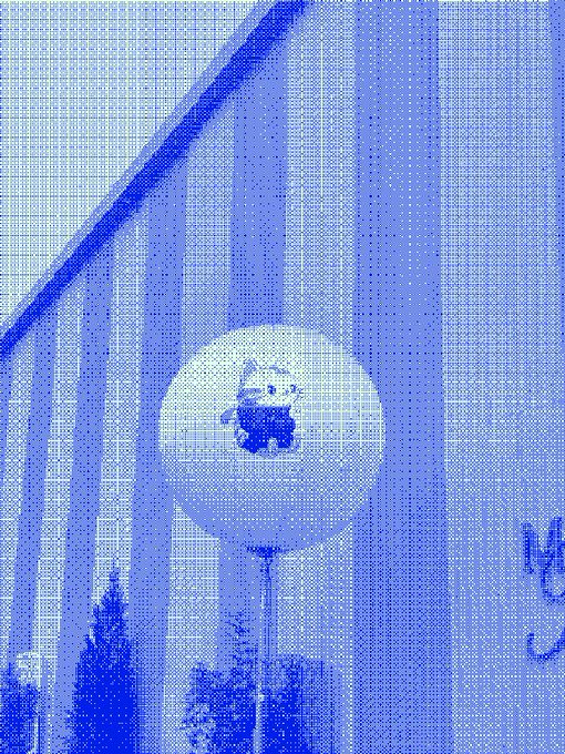 Blue halftone/dotted stylized image of a water tower featuring a panda illustration, with a power line tower visible in the background.