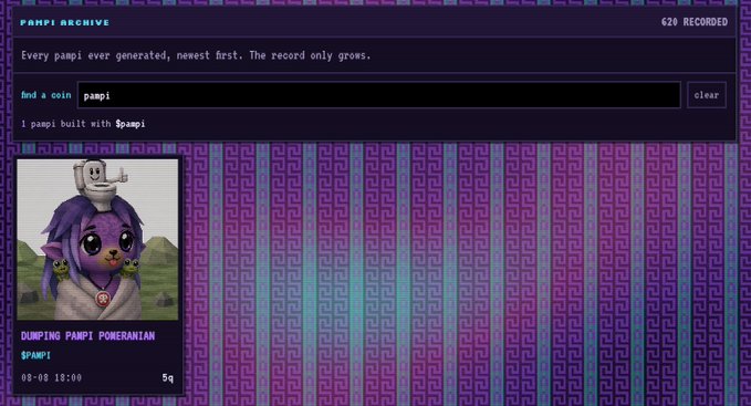 A screenshot of the Pampi Archive website's new search function, displaying the search query "pampi" with a resulting "Dumping Pampi Pomeranian" entry timestamped 08-08 19:00, showing 620 recorded pampis in the top right corner, demonstrating the newly added search feature mentioned in the accompanying post.