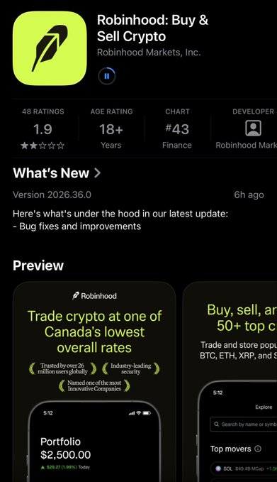 An app store listing for the 'Robinhood: Buy & Sell Crypto' app by Robinhood Markets, Inc., with a 1.9 star rating and a 'What's New' section mentioning version 2026.36.0.