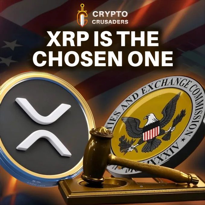 The image features a gavel, a gold coin with an eagle emblem, and a Bitcoin symbol. In the background, there are American stars and a banner that reads "XRP IS THE CHOSEN ONE". The text suggests that the SEC is recognizing XRP as the "holy coin" or the chosen one in the cryptocurrency world. This implies that XRP has gained significant attention from regulatory authorities like the SEC, which could potentially impact its value and market perception.

The gavel symbolizes authority and justice, while the eagle emblem represents power and strength. The Bitcoin symbol signifies innovation and disruption within the financial industry. These symbols are often associated with the crypto world due to their association with blockchain technology and cryptocurrencies.