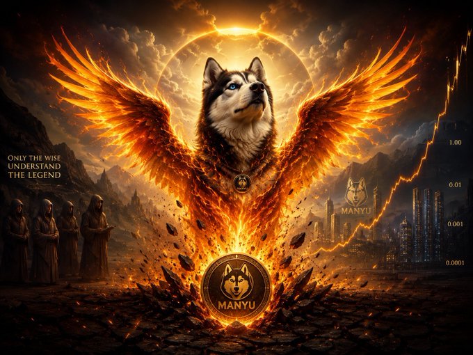 A dramatic fantasy illustration featuring a Siberian Husky with fiery wings against a glowing solar eclipse background, branded with the MANYU token logo and text reading 'ONLY THE WISE UNDERSTAND THE LEGEND.'