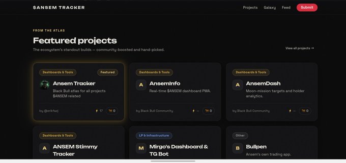 The image shows the homepage of "Ansem Tracker," featuring a dark-themed dashboard titled "FROM THE ATLAS - Featured projects" that displays community-built tools and dashboards for $ANSEM, including Black Bull Atlas, AnsemInfo, AnsemDash, ANSEM Stimmy Tracker, Mirgo's Dashboard & TG Bot, and Bullpen. This aligns with the post by highlighting how the site serves as a centralized hub showcasing various community-driven projects built around the $ANSEM ecosystem.