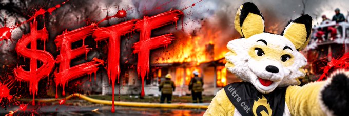 A person in a yellow and white fox mascot costume stands in the foreground of a dramatic scene depicting a house engulfed in flames with firefighters battling the blaze. Bold red blood-splattered text reading "$ETF" dominates the left side, with the fox wearing a black vest labeled "Ultra c[at]," tying into the meme coin "$ETF" and its associated contract address displayed on Emberthefox.net.