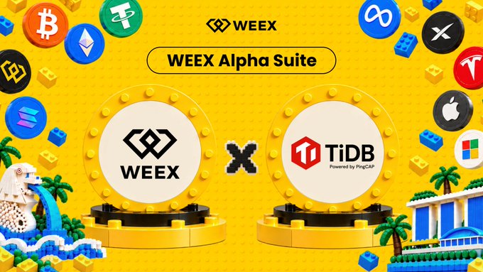 The image is a promotional graphic for "WEEX Alpha Suite," featuring the WEEX and TiDB (Powered by PingCAP) logos displayed on LEGO-style platforms with an "X" between them, set against a yellow background surrounded by various crypto and tech logos, illustrating the partnership announcement between WEEX and PingCAP at TOKEN2049 Singapore.