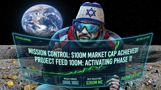 Crypto promotion image featuring a man wearing an Israel-flag beanie on the moon with Earth in the background, advertising '$100M MARKET CAP ACHIEVED! PROJECT FEED 100M: ACTIVATING PHASE 1!' with 1,000,100 meals funded.