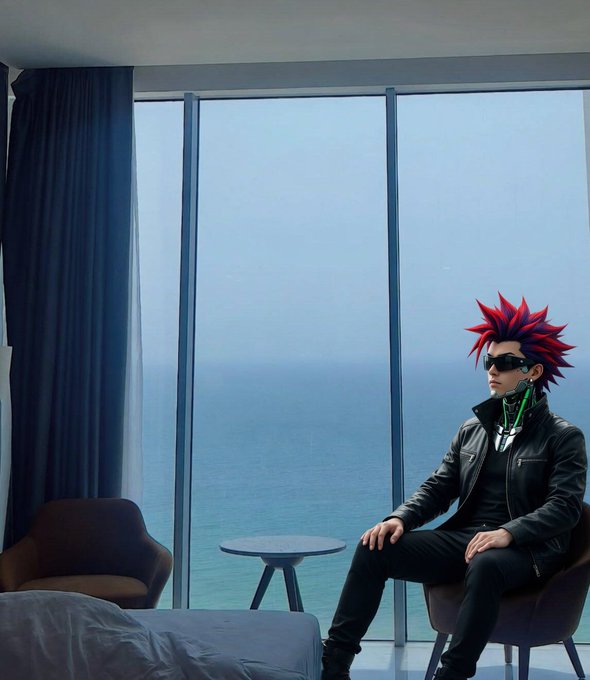 An anime-styled character with spiky red hair, sunglasses, and a black leather jacket sits in a modern high-rise room overlooking the ocean.