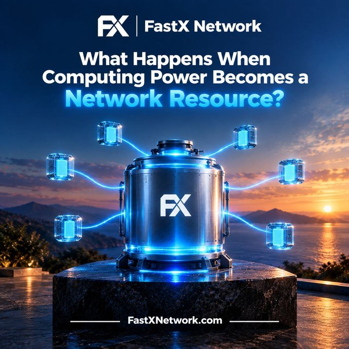 A promotional graphic for 'FX FastX Network' with the tagline 'What Happens When Computing Power Becomes a Network Resource?' featuring a futuristic metallic container glowing with blue energy against a sunset backdrop.