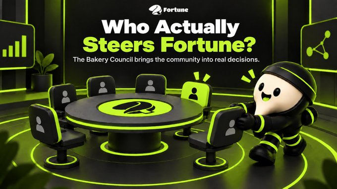 A cartoon mascot pushes a chair into a futuristic neon-green council chamber centered around a "Fortune" logo table, illustrating the post's message that the Bakery Council gives the community a literal seat at the table for real governance decisions. The bold header "Who Actually Steers Fortune?" reinforces the post's theme of community-driven protocol direction at fortuneprotocol.io/council.