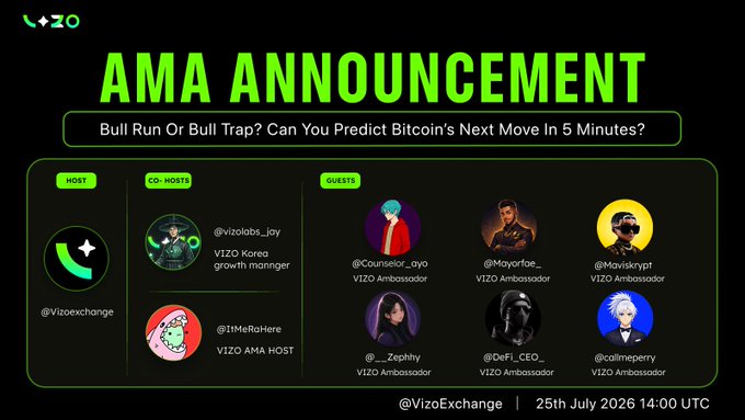 A green and black 'AMA ANNOUNCEMENT' poster for @VizoExchange lists the host, co-hosts, and guests, with the event scheduled for 25th July 2026 at 14:00 UTC.