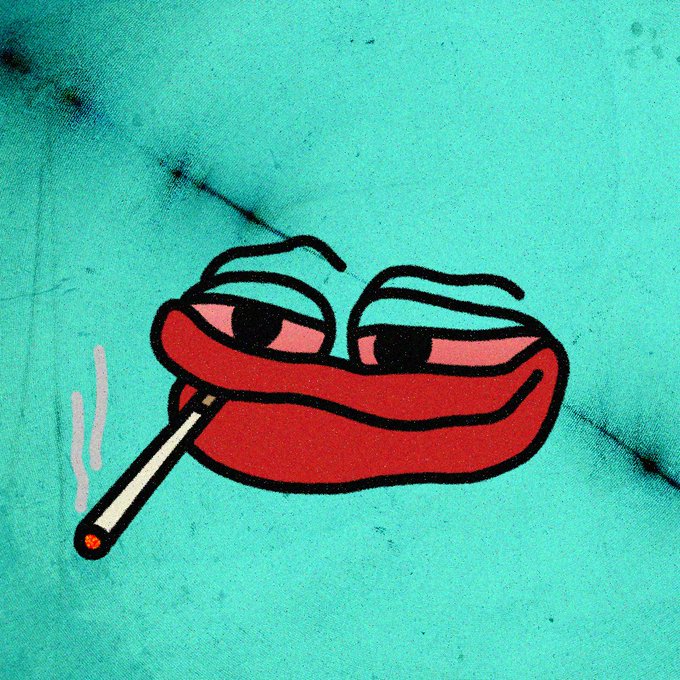 A cartoon illustration of red lips holding a cigarette with half-lidded eyes on a teal fabric background.