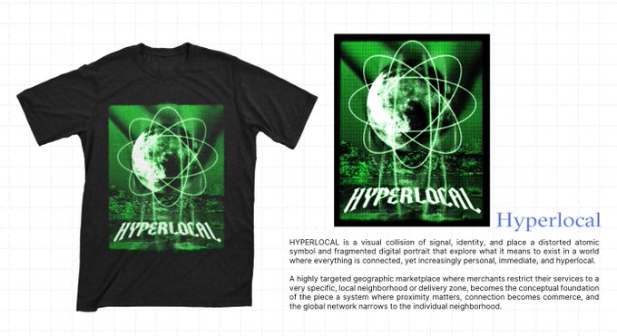 Black t-shirt design featuring green atomic symbol imagery with 'HYPERLOCAL' text, accompanied by a description defining 'Hyperlocal' as a visual collision of signal, identity, and place.