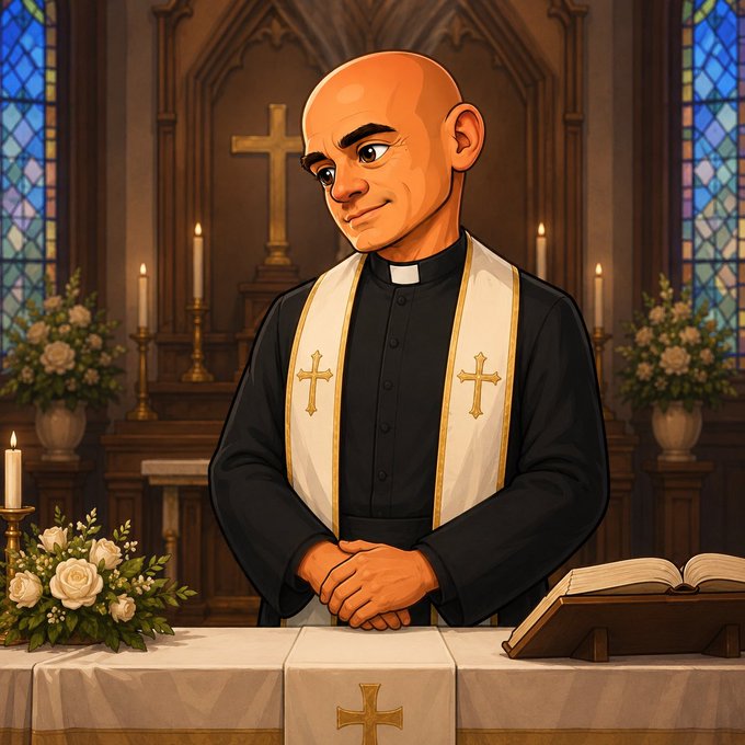 The image is a cartoon-style illustration of a bald priest wearing a white stole with gold crosses, standing behind an altar with an open Bible, flowers, and candles in a church setting. It visually represents the accompanying post's joke about "Stable $Stabler" "officiating" — implying a meme "wedding" or union among crypto/meme enthusiasts.