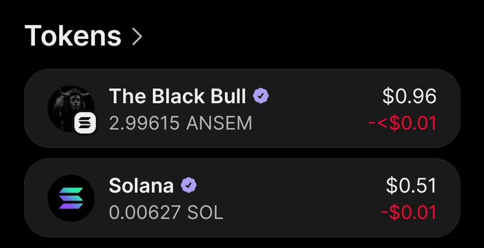 A mobile screenshot showing a crypto wallet's "Tokens" section displaying "The Black Bull" (ANSEM) at $0.96 with a balance of 2.99615 ANSEM (down <$0.01), and Solana (SOL) at $0.51 with a balance of 0.00627 SOL (down $0.01). The image visually reinforces the post's message about holding a small amount of ANSEM worth just under a dollar while hoping for a substantial airdrop.