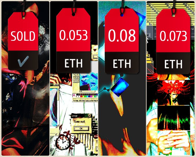 Digital art series displaying four price tags against glitch-style backgrounds: the first marked 'SOLD', followed by tags showing '0.053 ETH', '0.08 ETH', and '0.073 ETH' over imagery including a cat, retro computer windows, an axe, and a flower.