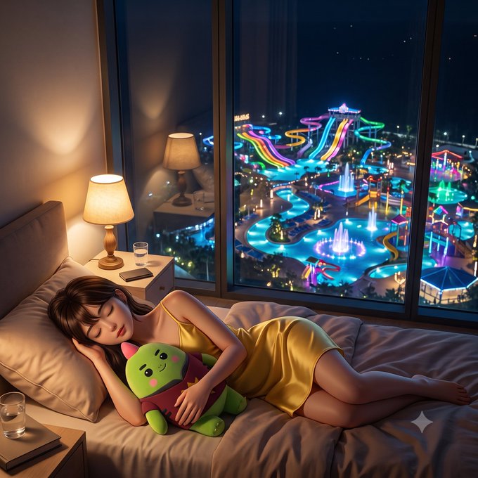 A young woman in a yellow dress sleeps on a bed cuddling a green plush toy, with a large window revealing a vibrant neon-lit water park at night.