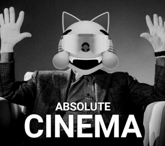 A black and white image shows a man in a suit with cat ears and VR goggles edited on, raising his hands, captioned 'ABSOLUTE CINEMA'.