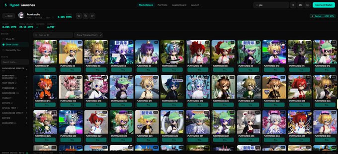 A screenshot of a cryptocurrency tracking platform called Hyperliquid Launchpad displaying a marketplace called 'PortaBio' with various NFT profile pictures featuring anime-style characters.