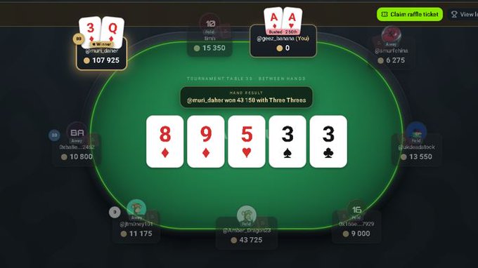 A digital poker game interface showing a community hand of 8, 9, 5, 3, 3, with players including @murf_daher who won 43,150 with 'Three Threes' in Tournament Table 39.