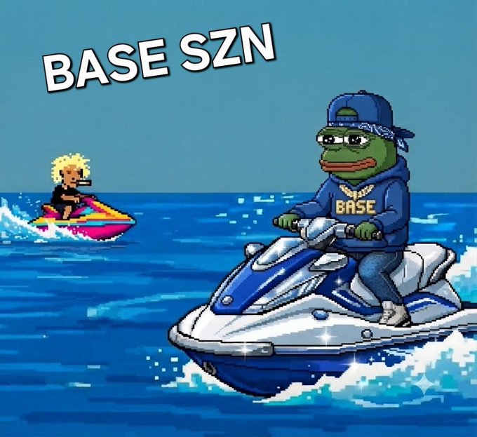 A cartoon meme with the text 'BASE SZN' showing a Pepe the Frog character wearing a blue 'BASE' hoodie and bandana riding a jet ski, while a smaller figure rides a jet ski in the background.