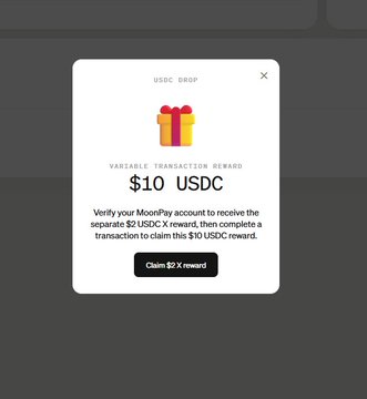 A 'USDC DROP' popup offering a '$10 USDC VARIABLE TRANSACTION REWARD' to verify a MoonPay account, with a 'Claim $2 X reward' button.