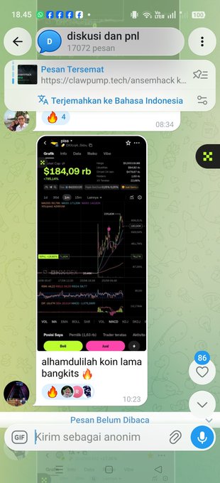 A Telegram chat titled "diskusi dan pnl" shows a shared screenshot of a Bitcoin chart at $184,09 with the caption "alhamdulillah koin lama bangkit" from an Indonesian language chat.
