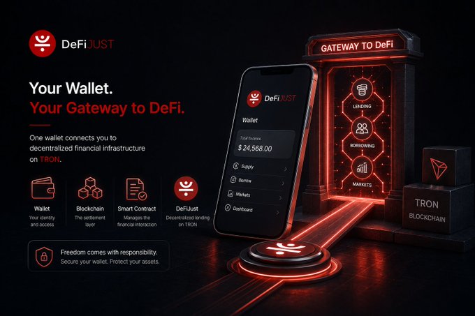 A promotional graphic for 'DeFiUST' wallet, advertising 'Your Wallet. Your Gateway to DeFi.' with features like Lending, Borrowing, Markets on the TRON Blockchain.