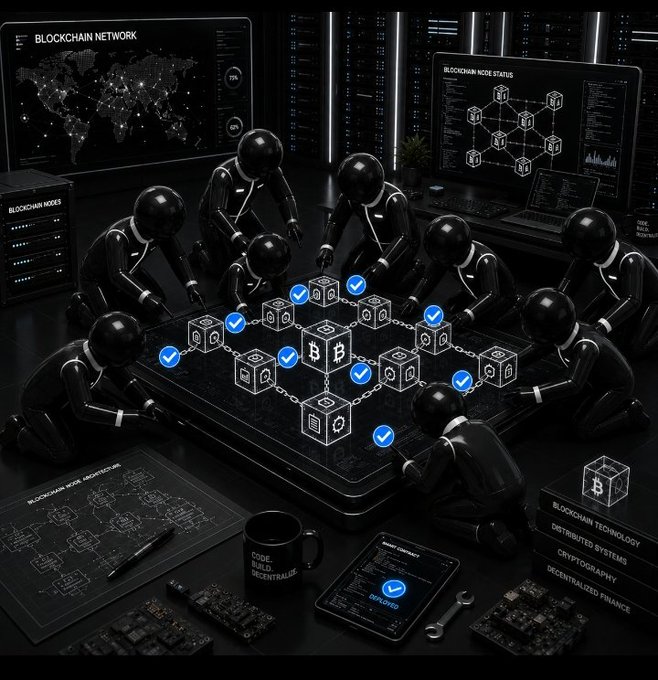 A team of glossy black humanoid figures collaborates around a holographic blockchain network table, monitoring interconnected nodes marked with blue checkmarks. Background screens display "BLOCKCHAIN NETWORK" with a global map and "BLOCKCHAIN NODE STATUS," while side stacks are labeled "BLOCKCHAIN TECHNOLOGY," "DISTRIBUTED SYSTEMS," "CRYPTOGRAPHY," and "DECENTRALIZED FINANCE," reinforcing the always-on, active nature of blockchain services.